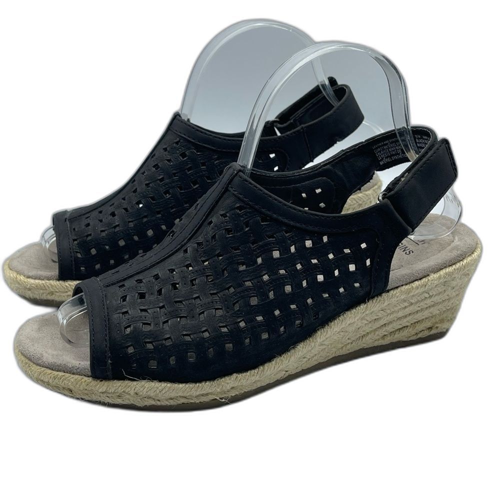 Earth Origins Naples Nevada Black Leather Espadrille Comfort Wedge Sandal Size 8